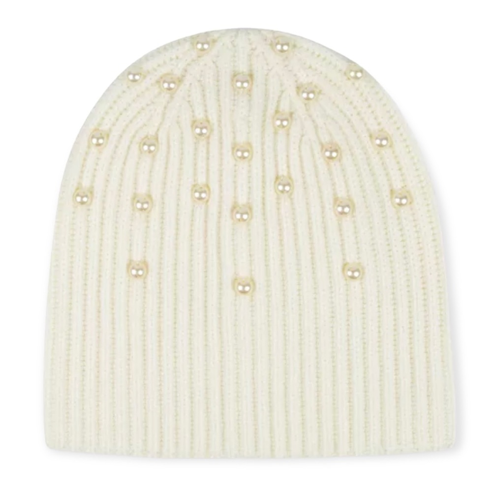 KATE SPADE Beanie Pearl Embellished Knit Cap French Cream Ivory NWT